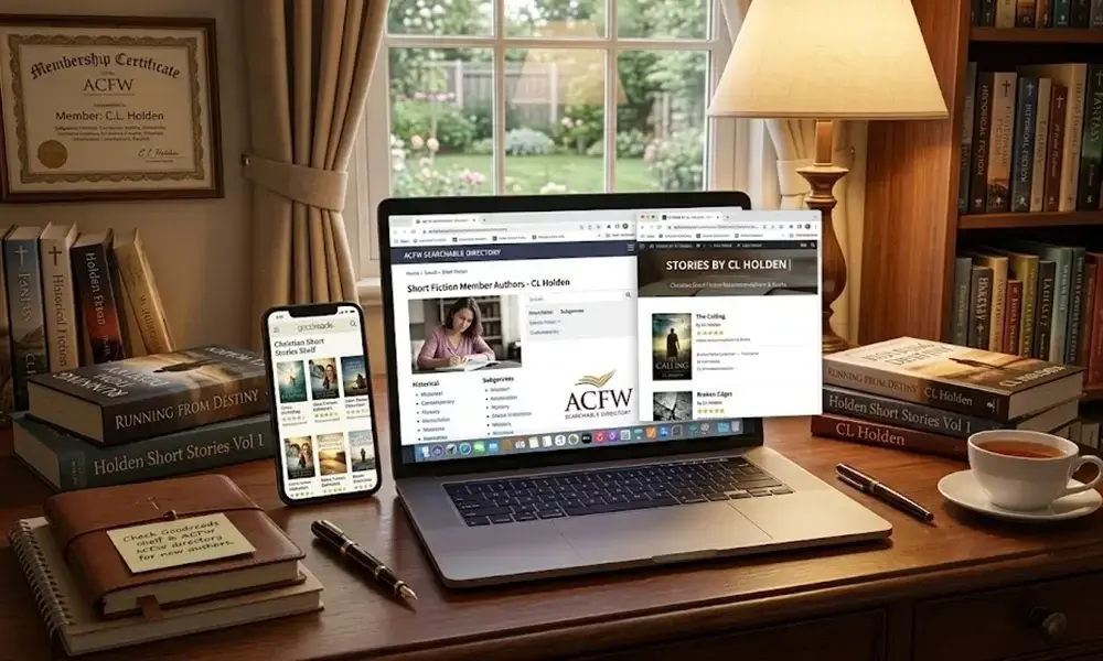 Author website displayed on laptop
