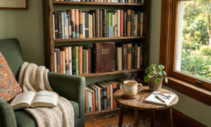 Cozy reading nook with bookshelf