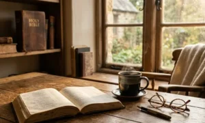Open bible next to coffee